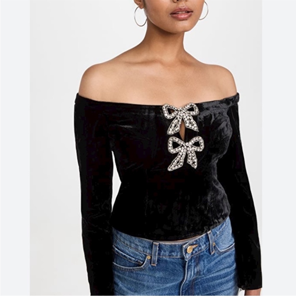 SELF PORTRAIT Velvet Bow Top Off Shoulder Strapless Super Soft Black Sz US 6 NEW